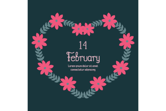 Elegant 14 February Poster Design with Decorative Frame and Seamless Leaf and Pink Wreath Vector Illustration